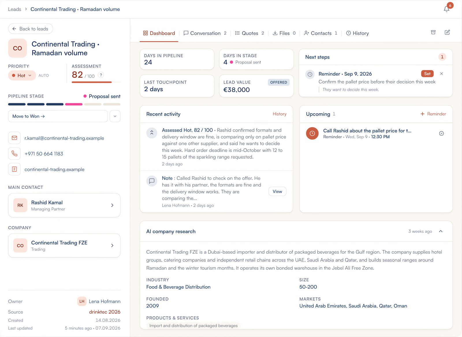 A lead in Trade Show Companion: assessment, pipeline stage, recent activity, next step and the AI company research